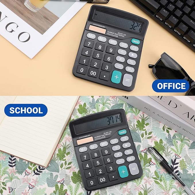 2 Pack Desktop Calculators Solar and Battery Dual Power, 12 Digits Calculators Desktop with Large LCD Display and Sensitive Button for Office, Home, School