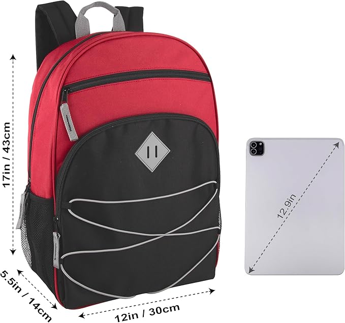 Summit Ridge Backpacks with Bungee Cord Front | 17” Multi Pocket Backpack for Adults, College, Travel (Red/Black)