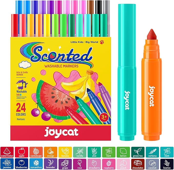 JoyCat 24 Colors Scented Washable Markers for Kids, Fruit & Dessert Smelly Markers with Versatile Conical Tips, Non-Toxic Art Supplies for Toddlers & School Classroom, Ideal Gifts for kids.
