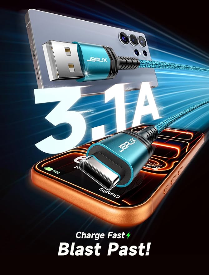 JSAUX USB C Cable Fast Charging, 3-Pack (10ft+6.6ft+3.3ft) USB A to Type C Charge Cord for iPhone 17/17 Pro/17 Pro Max, iPhone 16/16 Pro/16 Pro Max, Samsung S24 S22 S20 Note 20, USB C Charger(Green)