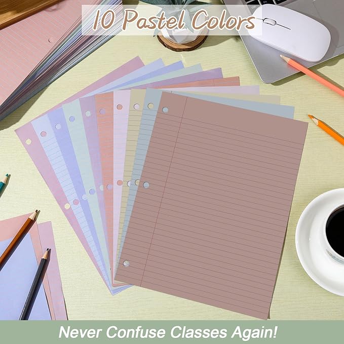 gisgfim 100 Sheets Loose Leaf Binder Paper, 8" x 10.5" Colored College Ruled Paper, 3 Hole Punched Lined Refill Inserts Thicken for 3-Ring Binders Notebooks Planner Writing School Office (Boho)