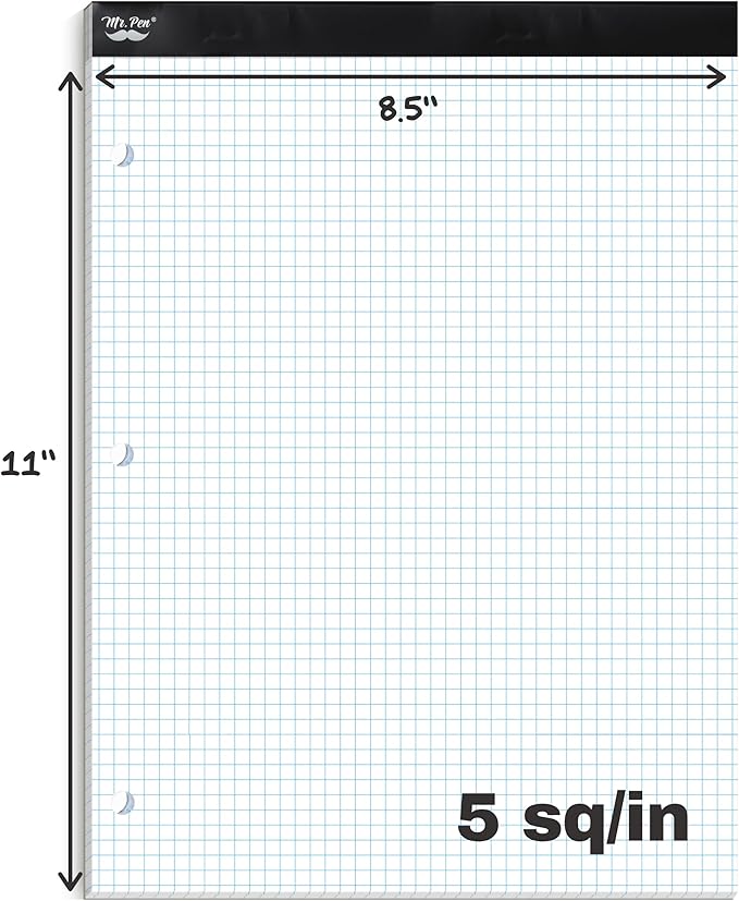 Mr. Pen- Graph Paper pads 8.5 x 11 Inches, 55 Sheets, 5x5 (5 Squares Per Inch), 3-Hole Punched, 3-Hole Punched, Blueprint Grid Paper Pads 8.5 x 11, Math Notebook