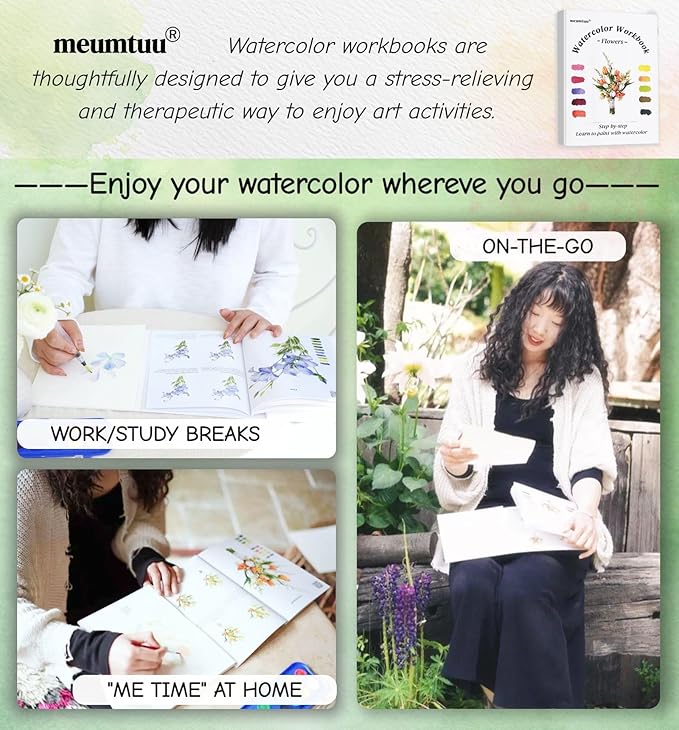 Watercolor Workbook for Beginners - Water Colors Paint Adult Set Including Video and Step by Step Tutorials,12 Flowers Water Coloring Book，300GSM Bleed-Resistant Paper，Relaxing Art Gift for Adults (Floral with Paints)