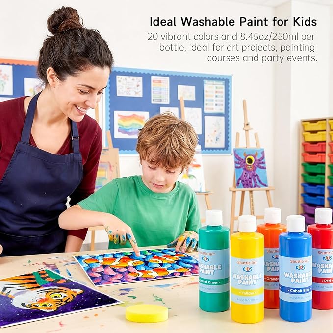 Shuttle Art 20 Colors Washable Paint for Kids, 8.45 oz Bulk Tempera Paint, Non-Toxic Kids Washable Paint for Art and Crafts, School & Home Must Haves