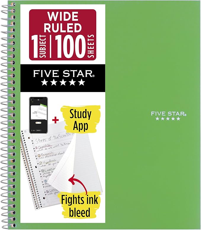 Five Star Spiral Notebook + Study App, 1 Subject, Wide Ruled Paper, 8" x 10.5", 100 Sheets, Green (Color May Vary) (930010CE1)