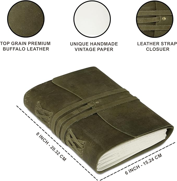KomalC Handmade Leather Journal 7x5 Inch | Green Vintage Notebook with Unlined Pages | Cotton Recycled Paper | Antique Travel Diary, Sketchbook, Writing Journal for Men & Women