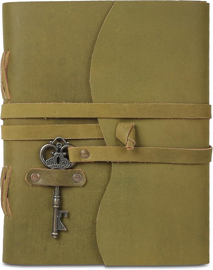 Leather Journal with Deckle Edge Paper 8x6 inch and Vintage Key | Handmade Writing Notebook Diary | Bound Daily Notepad for Men & Women Medium, Sketch/Writing pad for Artists