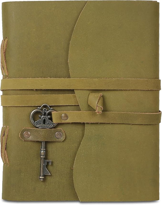 Leather Journal with Deckle Edge Paper 8x6 inch and Vintage Key | Handmade Writing Notebook Diary | Bound Daily Notepad for Men & Women Medium, Sketch/Writing pad for Artists