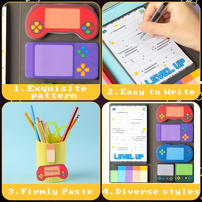 B1ykin Video Game Sticky Notes Set - Level Up Video Game Shaped Self-Stick Notes Pad, 550 Sheets Writing Memo Pages Sticky Notepad for Teacher Appreciation Gifts, School Office Supplies (2Pcs)