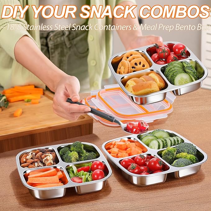 KTKUDY 3 Pack Stainless Steel Snack Containers - Divided Bento Snack Box - 4 Compartment Meal Prep Lunch Containers for Kids Daycare, School, Work, Travel