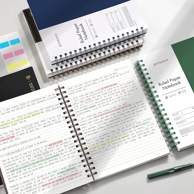 EMSHOI A4 College Ruled Spiral Notebook, Large 8.27"x11.2", Thick 300 Pages/150 Sheets, 100GSM Ink-Proof Waterproof PVC Cover Lay-Flat Lined Journal for Work Office School Writing, Black