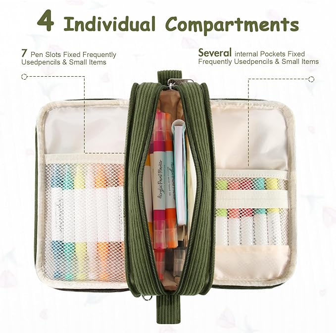 BuyCard Large Capacity Corduroy Pencil Case, Green Zipper Pouch, Aesthetic Pen Pouch, Supplies Organizer for Teen Girls Boys Women Men,Teacher Appreciation Gifts, Mothers Day Gift