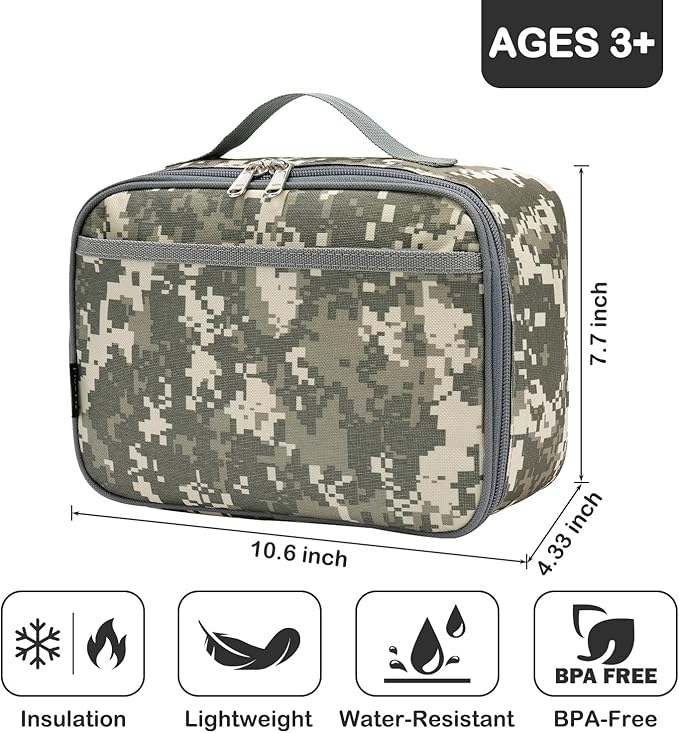 FlowFly Kids Lunch box Insulated Soft Bag Mini Cooler Back to School Thermal Meal Tote Kit for Girls, Boys, Digital