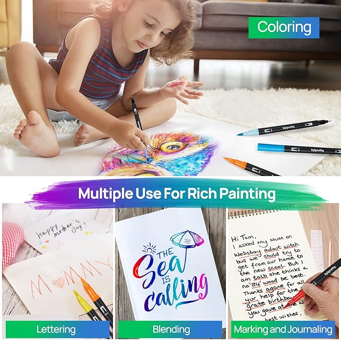 Eglyenlky Colored Markers for Adult Coloring Books, Dual Tip Brush Pens with 100 Watercolor Fine Tip Markers and Brush pens for Kids Drawing Calligraphy