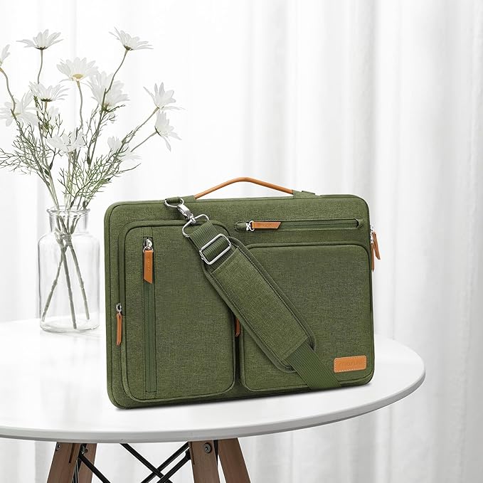 MOSISO 360 Protective Laptop Shoulder Bag,13-13.3 inch Computer Bag Compatible with MacBook Pro 14, HP, Dell, Lenovo, Asus Notebook,Side Open Messenger Bag with 4 Zipper Pockets&Handle, Olive Green
