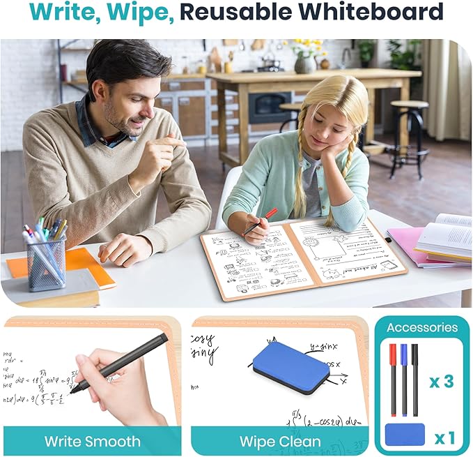 WALGLASS Double-Sided Small White Board Dry Erase, 12'' x 9'' Portable Reusable Whiteboard Notebook, Foldable Mini Handheld Board for Students Practice, Home, School, Office, Travel - Pink PU Leather