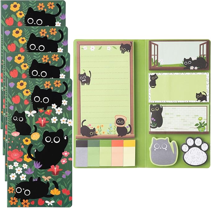 B1ykin Cat Floral Sticky Notes Set - Wildflower Lovely Black Shaped Self-Stick Notes Pad, 550 Sheets Writing Memo Pages Sticky Notepad for Teacher Appreciation Gifts, School Office Supplies (4Pcs)