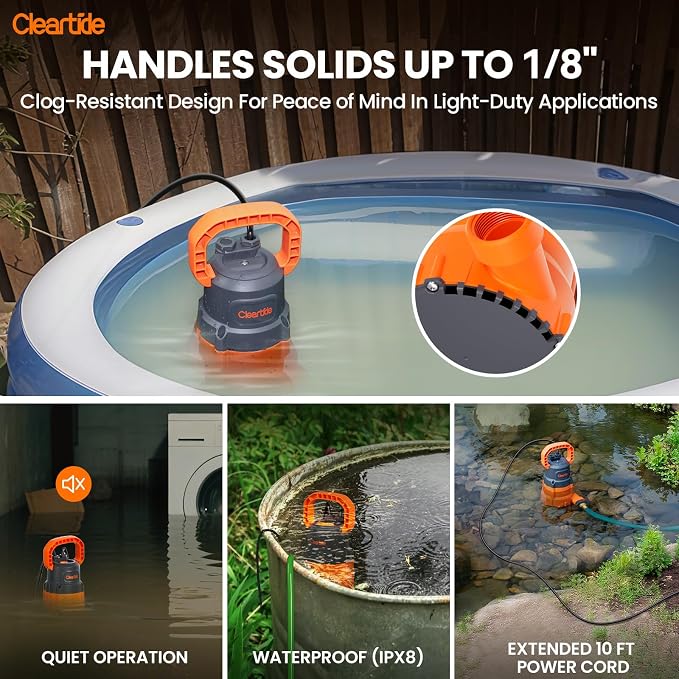 Submersible Utility Water Pump, 2160 GPH Portable Sump Pump with Copper Motor, Plug and Work for Pond, Garden Watering, Pool Transfer, or Hot Tub Emptying