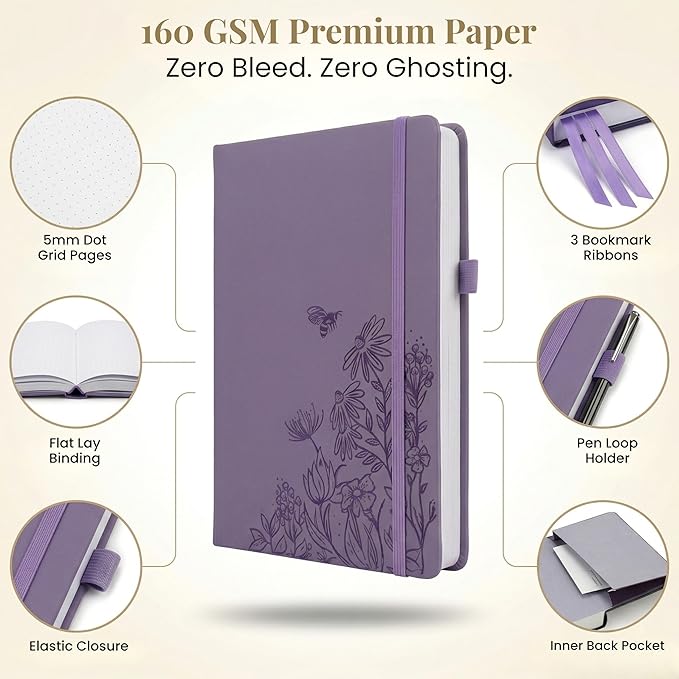 VIVID SCRIBBLES A5 Dotted Notebook with 160gsm Bleed-Proof Paper - Perfect for Bullet Journaling and Creative Planning - 200 Numbered Dot Grid Pages in Lavender