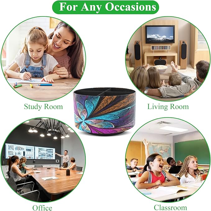 Round Leather Art Supply Organizer,Remote Control Holder,360 Degree Rotating,Multi-Functional Pencil Holder,4 Compartments Desktop Stationary Organizer(1-Fractal Flower) | Round, 360 Degree Rotating, Multi-Functional, Desktop