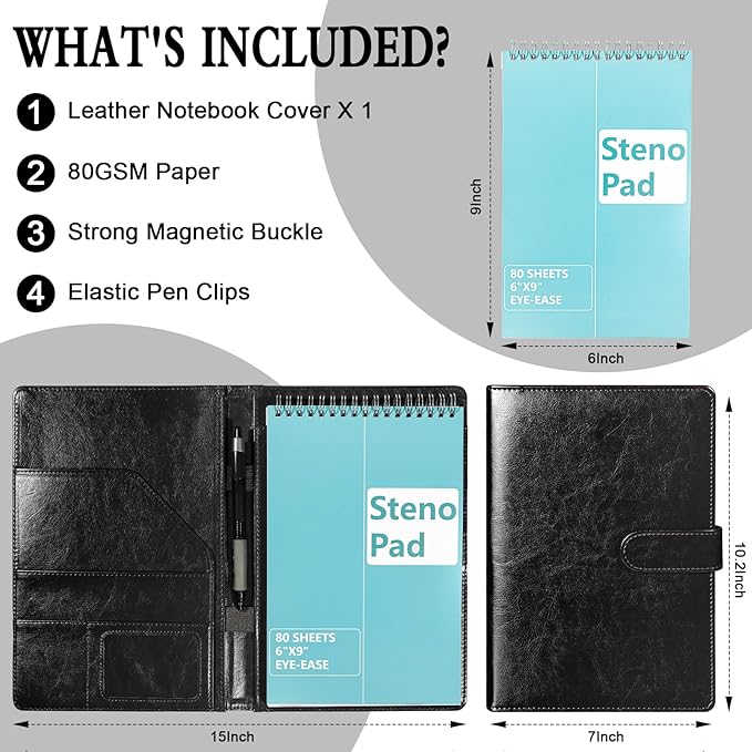 6 x 9 Inch Steno Pad Holder PU Leather Black Steno Pad Cover Business Padfolio Organizer Compatible with 6 x 9 Steno Notebook Portfolio Pocket Organizer With Pen Loop for Business