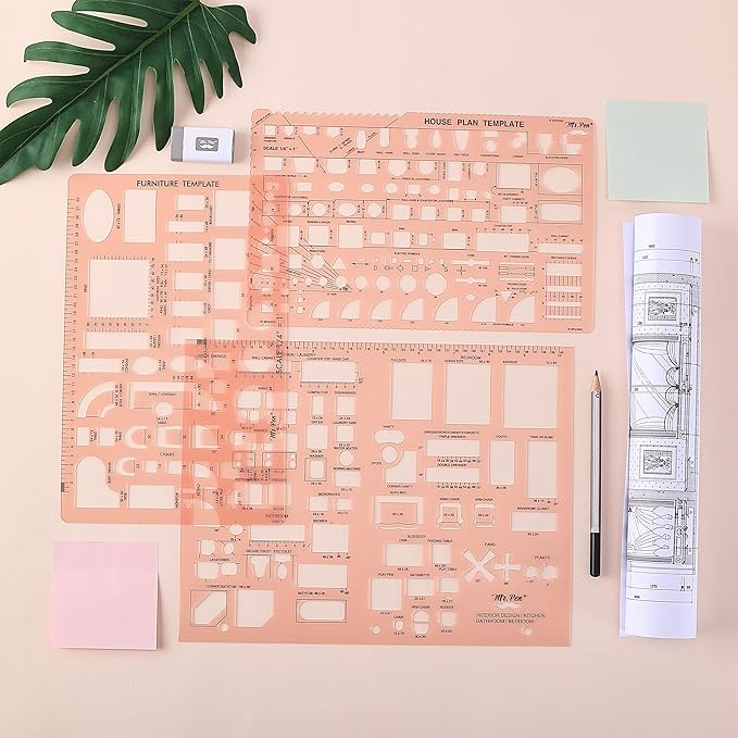 Mr. Pen- House Plan, 3 pcs, Interior Design and Furniture Templates, Clear Flexible Plastic, Drafting Tools, Ruler Shapes for Architecture, 1/4 Inch Scale, Kitchen, Bath, Bedroom, Office, Living Room