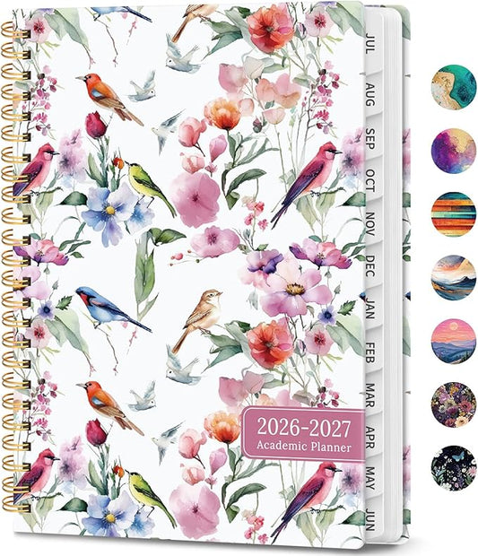 Academic Planner 2026-2027, Weekly and Monthly Calendar Book, July 2026 – June 2027, Hardcover Planner with Tabs, Perfect for Teachers, Students, Women & Men, A5 (6.4" x 8.5") - Songbird Bloom