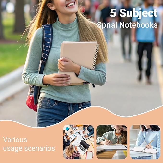 FLYING EAGLE Small Spiral Notebook 5 Subject Notebook Wide Ruled with Dividers Tabs Waterproof Plastic Cover Thick Paper Notebooks for Work School, 7x10 Orange