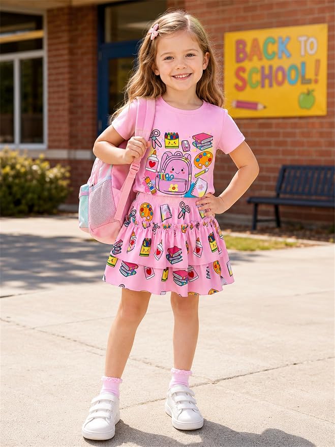 Little Girls Skirt Set - 2 Piece Short Sleeve Top Shirred Tiered Skirt Outfit Girls Spring Summer Clothes 3-8 Years
