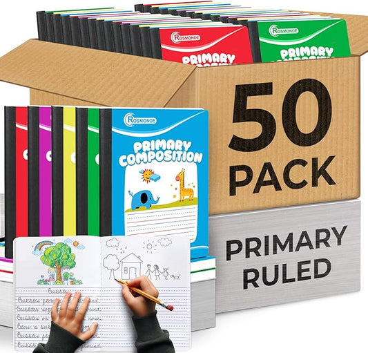 Rosmonde Composition Notebook Bulk, 50 Pack, Draw and Write Journals, 200 Pages (100 Sheets), 9-3/4 x 7-1/2, K-2 Primary Ruled Composition Notebooks, Bulk School Supplies, Hard Cover, Colors Marbles
