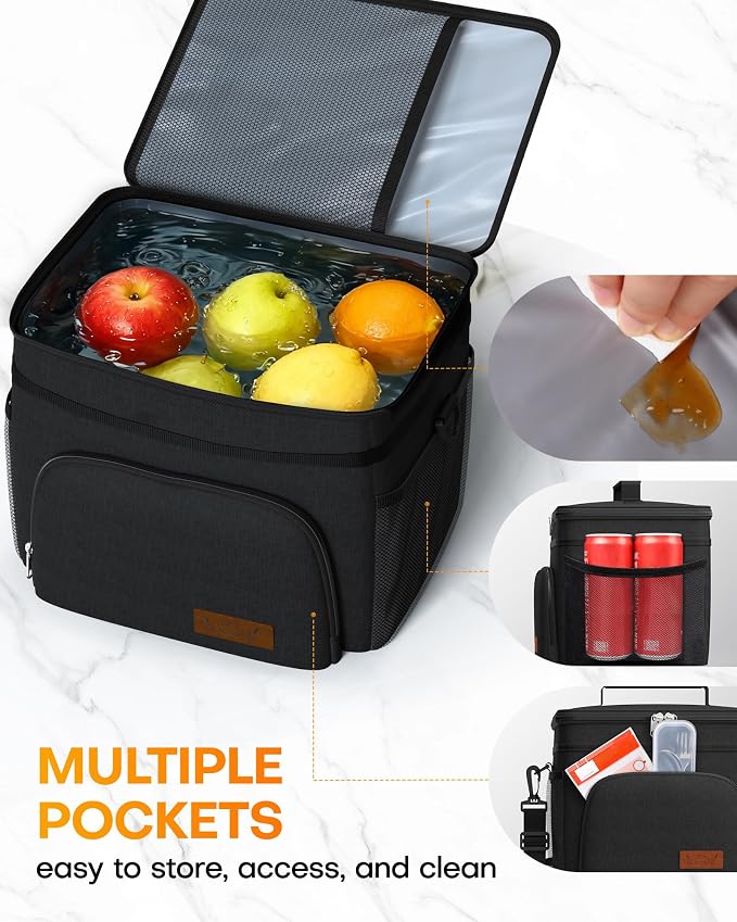 HOTOR Insulated Lunch Box Men Women Leak-Proof Cooler Lunch Bag 15L | 4 Pockets, Adjustable Strap, Ideal for Work, Picnic, Travel, Camping, Gift, Black