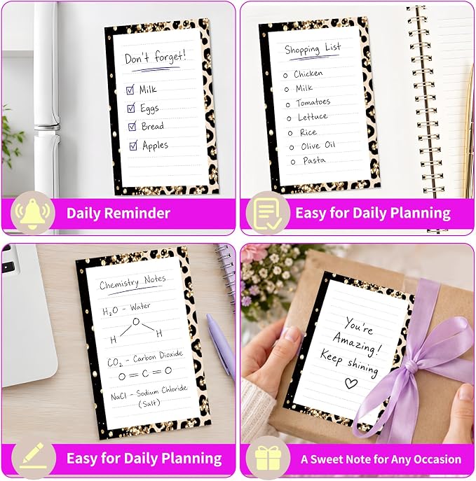 Lined Sticky Notes 4x6 in, 2 Pack Large Cute Notepads with Lines Self-Stick Note Pad, Funny Memo Pads Strong Adhesive for Office, Home Luxury Leopard