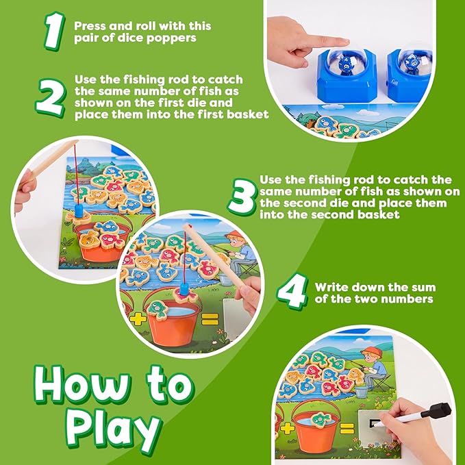 Magnetic Fishing Math Game for Kids 3-5, Montessori Counting Toy with Dice Poppers, Preschool Math Manipulatives Board Game, Addition and Subtraction Dice Game for Homeschool Classroom