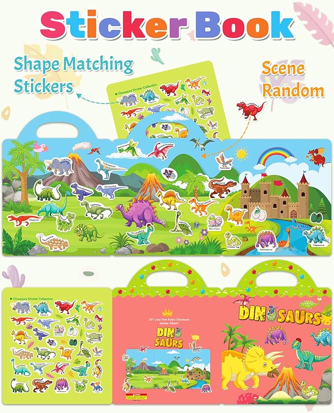 Benresive Reusable Sticker Book for Toddlers, Travel Stickers for Kids, Toddler Crafts Activities Toys, Birthday Gifts for Boys & Girls - Dinosaurs
