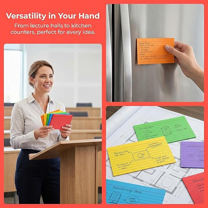 Colored Index Cards 3x5 Inches, 300 Count Neon Flash Cards with Ruled Lines, 6 Colors Portable Note Cards for School Study, College Office Home Organization, Durable To Do List Flashcards
