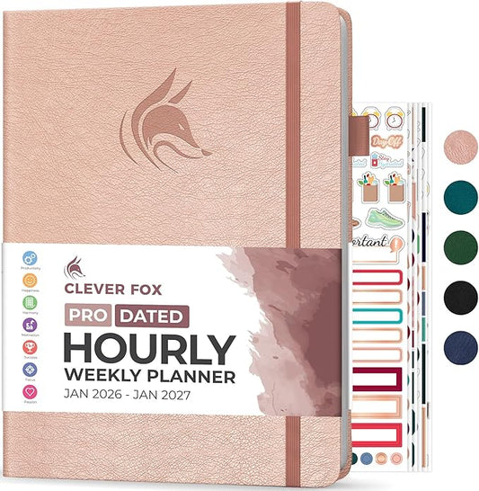 Clever Fox Planner PRO Schedule Dated (Jan 2026–Jan 2027) – Weekly & Monthly Life Planner with Time Slots, Appointment Book and Daily Organizer to Increase Productivity, A4 Hardcover – Rose Gold