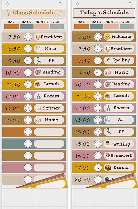 15+1 Pockets Daily Schedule Pocket Chart with 24 Double Sided Cards, Visual Classroom Schedule Pocket Chart, School Teachers Supplies for Classroom, Boho White