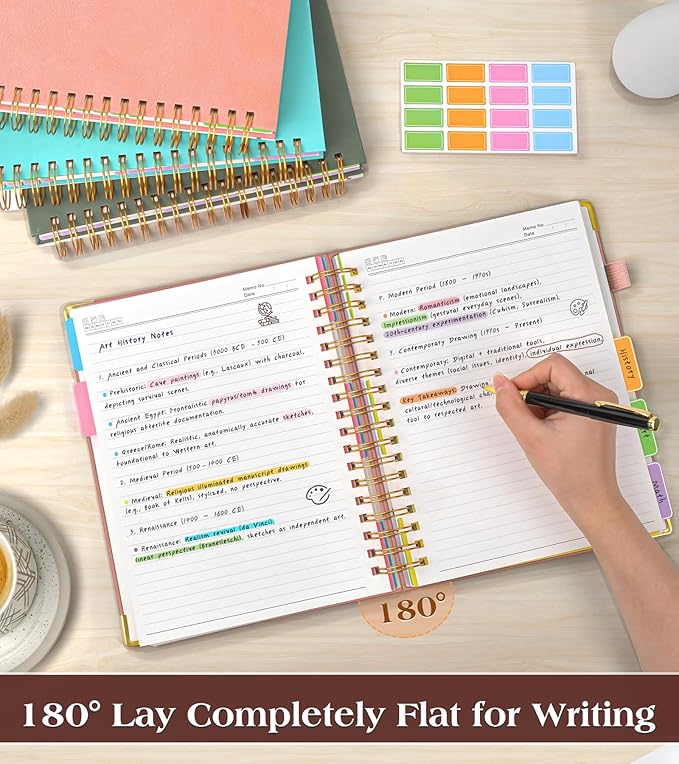 Spiral Notebook Journal with Removable Dividers Tabs, 300 Pages Hardcover Leather 5 Subject College Ruled Notebook, 6.1"x8.2" Large A5 Lined Journal for Women Men Spiral Notebook for Work School,Pink