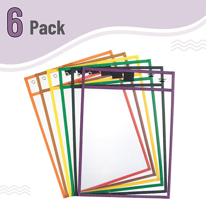 Mr. Pen- Reusable Dry Erase Pocket Sleeves, 10" x 14", 6 Pack, Multicolored Border, Clear Plastic Paper Sleeves, Ticket Holders, Clear Plastic Sheet Protectors, Teacher, School, Classroom Supplies