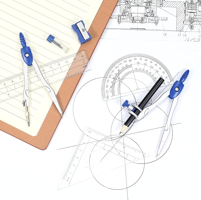 Unjoo Math Geometry Kit Sets 10 Piece Student Supplies with Shatterproof Storage Box,Includes Rulers,Protractor,Compass,Eraser,Pencil Sharpener,Lead Refills,Pencil,for Drafting and Drawings（Navy blue）