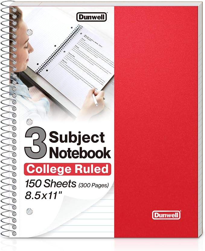 Dunwell 3 Subject Notebook College Ruled (Red), 150 Sheets (300 Pages), Spiral Notebook 8.5 x 11, Plastic Cover, 3 Pocket Divider Folders, 3-Hole Punched Perforated Paper