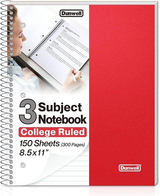 Dunwell 3 Subject Notebook College Ruled (Red), 150 Sheets (300 Pages), Spiral Notebook 8.5 x 11, Plastic Cover, 3 Pocket Divider Folders, 3-Hole Punched Perforated Paper