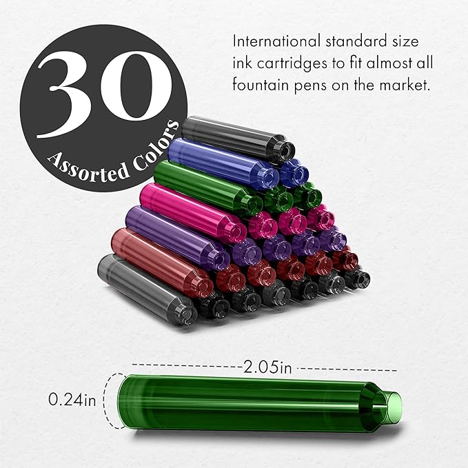 SCRIVI PENS Fountain Pen Ink Refills - Set of 30 Assorted Ink Cartridges - International Standard Size - Length APPR 2.04 Inch - Base Diameter APPR 0.24 Inch - Disposable and Generic