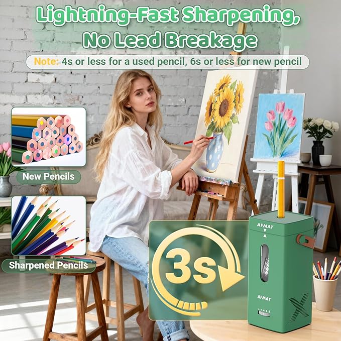 AFMAT Electric Pencil Sharpener, Fully Automatic Pencil Sharpener, Auto in & Out, Rechargeable Hands-Free Sharpeners for Jumbo & Colored Pencils (6.5-12mm), Portable for Home/Classroom/Office PSC6