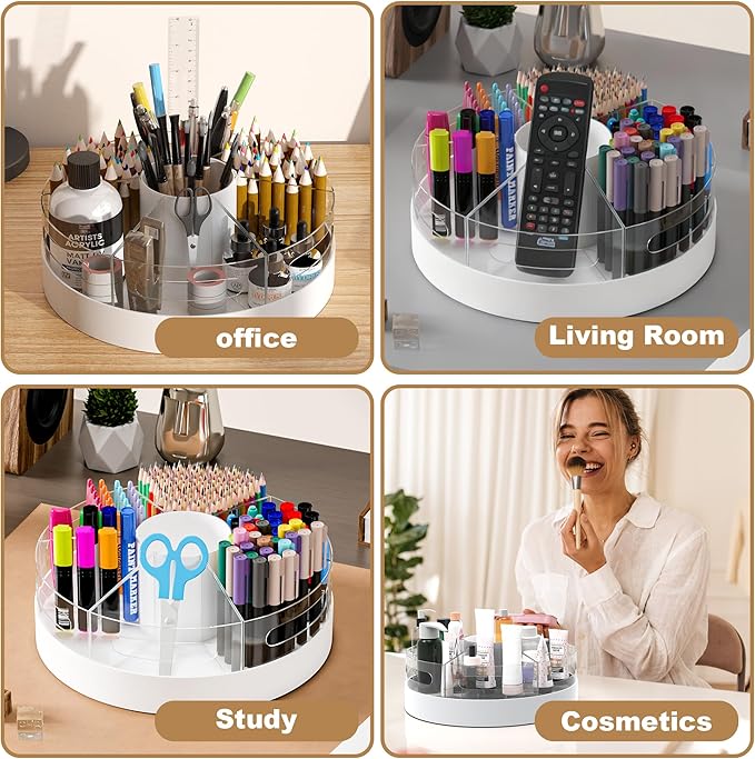 CraftGenes Rotating Pencil Organizer for Desk, 360 Smooth Spinning Marker Organizer, Clear Acrylic Pen Holder, Art Supply Storage & Lazy Susan Desktop Caddy for Kids, School, Office & Craft Room