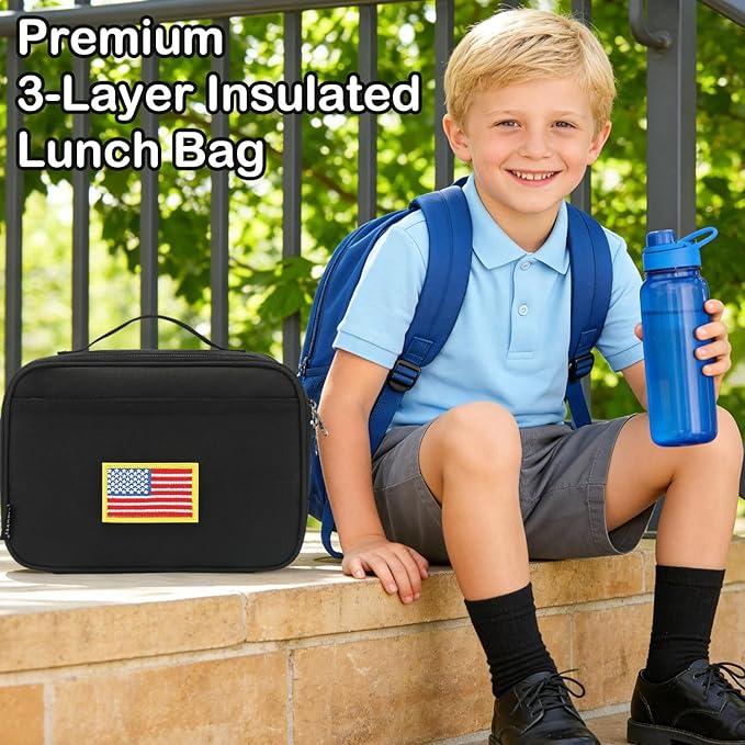 FlowFly Kids Lunch box Insulated Soft Bag Mini Cooler Back to School Thermal Meal Tote Kit for Girls, Boys, Black Free USA Flag Patch Included