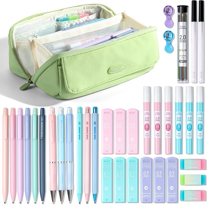 Four Candies 36PCS Mechanical Pencil Set with 624 Lead Refills(Light Green) | 0.5mm, 0.7mm, 0.9mm & 2.0mm Mechanical Pencils, Aesthetic School Supplies for Writing, Drawing, Drafting and Note-Taking