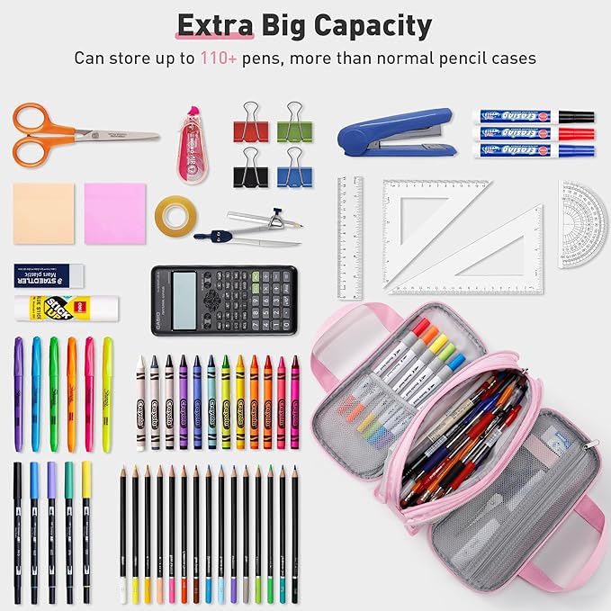 Zannaki Large Pencil Case, Big Capacity Pencil Pouch Pen Bag with 3 Compartment, Portable Canvas Stationery Organizer with Zipper, Cute Aesthetic School Supplies for Teen Girls Boys College,Pink