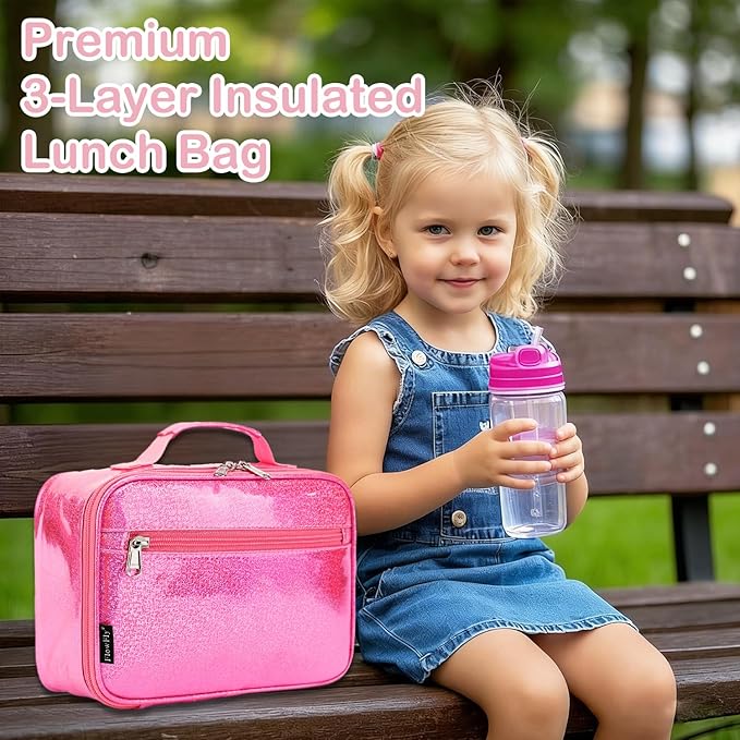 FlowFly Kids Lunch box Insulated Soft Bag Mini Cooler Back to School Thermal Meal Tote Kit for Girls, Boys,Pink
