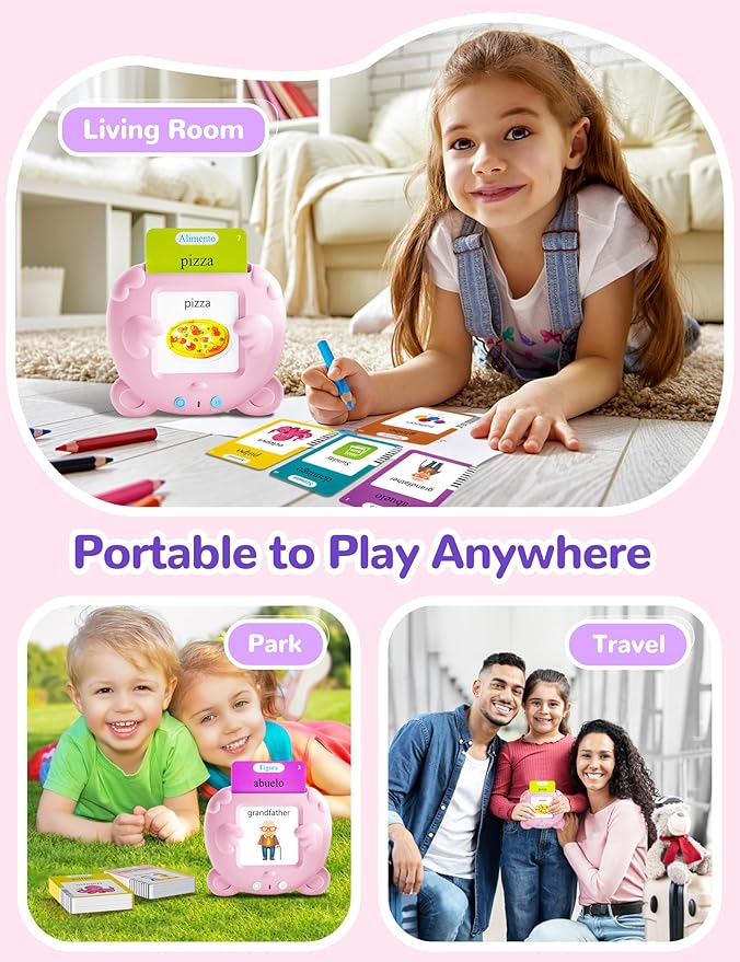 Spanish & English Talking Flash Cards for Toddlers, 510 Sight Words Bilingual Pink Educational Toys for Girls, Autism Sensory Speech Therapy Toys, Española Pocket Vocabulary Learning for Kids